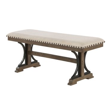 Martha Dining Bench with Nailhead Trim In Beige Linen and Brown Oak Mdf Wood