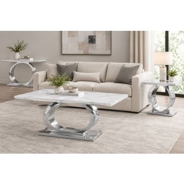 Megan Occasional Table Set In White Marble and Stainless Steel Oval Base