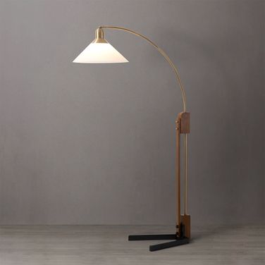 Melmar V-Base Chairside Arc Floor Lamp In Weathered Brass and Walnut