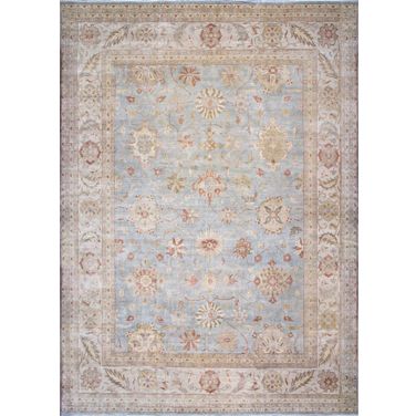 Melody Collection Hand-Knotted Lamb's Wool Area Rug- 12' 3" x 18' In Light Blue and Ivory