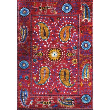 Melody Collection Hand-Knotted Silk Area Rug 5' 7" x 8' 1" In Red and Multi