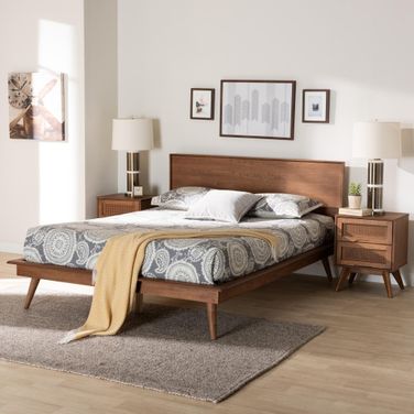 Melora Wood and Rattan 3 Piece Queen Bedroom Set In Walnut Brown