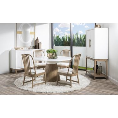 Melrose Complete Round Dining Room Set In Cloud White and Desert Oak