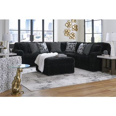 Midnight-Madness 3-Piece Sectional and Oversized Ottoman In Onyx