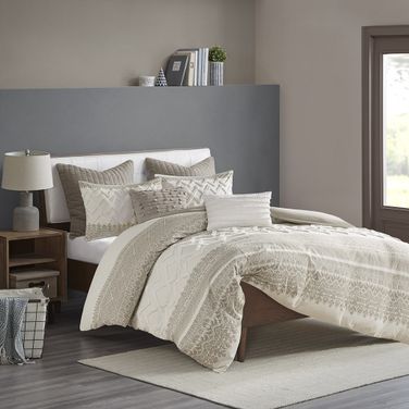 Mila Cotton Printed 3 Piece King Duvet Cover Set With Chenille In Taupe
