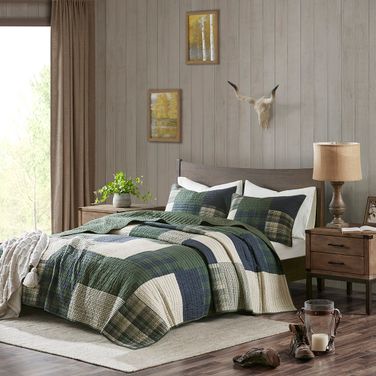 Mill Cotton Printed Pieced 3 Piece Queen Quilt Mini Set In Green