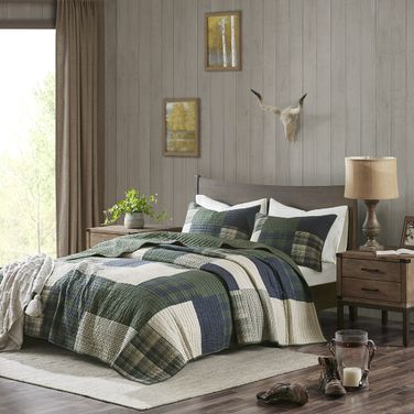 Mill Cotton Printed Pieced 3 Piece King Quilt Mini Set In Green