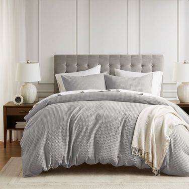 Mina Waffle Weave Textured Duvet Cover Set In Light Grey