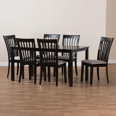 Minette Modern and Contemporary Gray Fabric Upholstered and Espresso Brown Finished Wood 7-Piece Dining Set