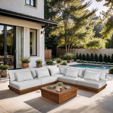 Mirella 112 Inch Fabric Upholstered 5 Piece Outdoor Patio Modular Sectional In Off White and Stained Natural
