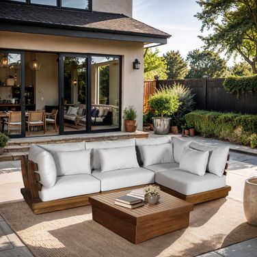 Mirella 113 Inch Fabric Upholstered 4 Piece Outdoor Patio Modular Sectional In Off White and Stained Natural