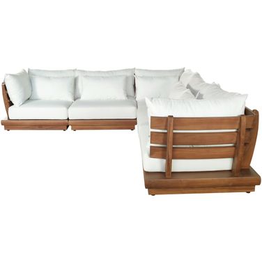 Mirella 113 Inch Fabric Upholstered 5 Piece Outdoor Patio Modular Sectional In Off White and Stained Natural