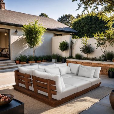 Mirella 113 Inch Fabric Upholstered 6 Piece Outdoor Patio Modular Sectional In Off White and Stained Natural