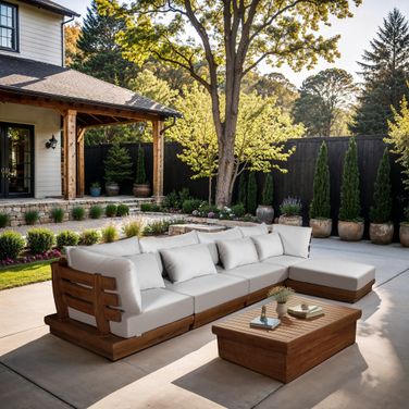 Mirella 150 Inch Fabric Upholstered 5 Piece Outdoor Patio Modular Sectional In Off White and Stained Natural