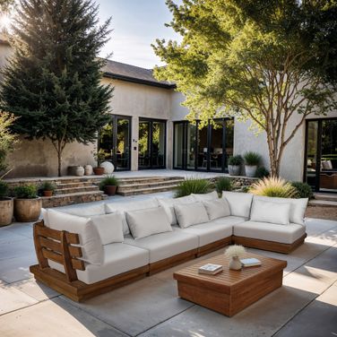 Mirella 150 Inch Fabric Upholstered 5 Piece Outdoor Patio Modular Sectional In Off White and Stained Natural