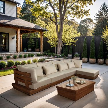 Mirella 150 Inch Fabric Upholstered 5 Piece Outdoor Patio Modular Sectional In Tan and Stained Natural