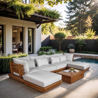 Mirella 150 Inch Fabric Upholstered 6 Piece Outdoor Patio Modular Sectional In Off White and Stained Natural