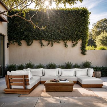Mirella 150 Inch Fabric Upholstered 7 Piece Outdoor Patio Modular Sectional In Off White and Stained Natural