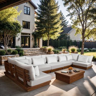 Mirella 187 Inch Fabric Upholstered 7 Piece Outdoor Patio Modular Sectional In Off White and Stained Natural