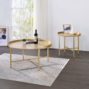 Mithea Occasional Table Set In Oak Table Top And Gold