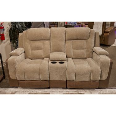 Mixed Momentum Power Reclining Loveseat with Console In Brownstone