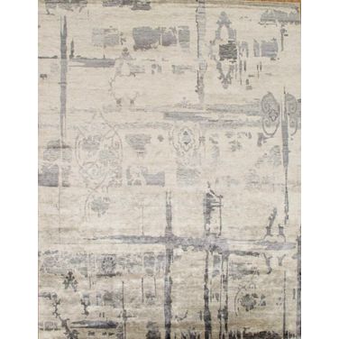 Modern Collection Hand-Knotted Silk Area Rug- 6' 1" x 9' In Ivory and Grey