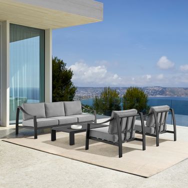 Mongo 4-Piece Outdoor Patio Furniture Set In Black Aluminum with Gray Cushions
