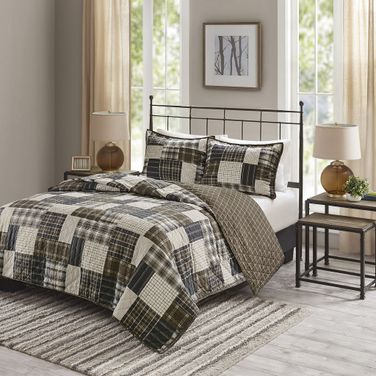 Monroe Polyester Printed Reversible 3 Piece Queen Coverlet Set In Black/Brown