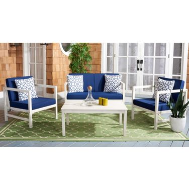Montez 4 Piece Outdoor Set with Accent Pillows In White and Navy