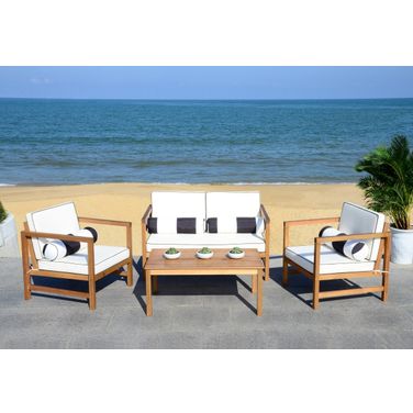 Montez Teak, Black and White 4-Piece Outdoor Set with Accent Pillows