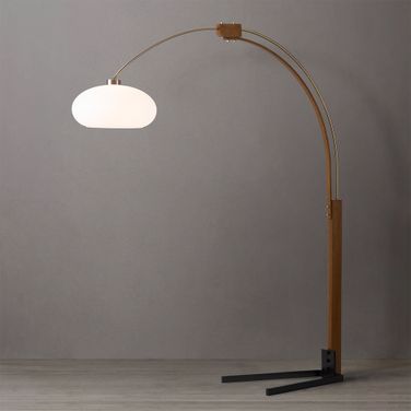 Morelli V-Base 84 Inch Arc Floor Lamp In Weathered Brass and Walnut