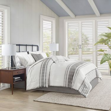 Morgan 6 Piece Cotton Jacquard Oversized California King Comforter Set In White and Grey
