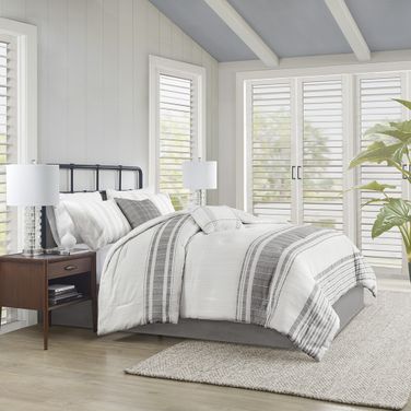 Morgan 6 Piece Cotton Jacquard Oversized Queen Comforter Set In White and Grey