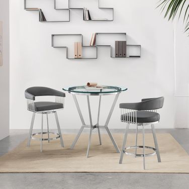 Naomi and Chelsea 3-Piece Counter Height Dining Set In Brushed Stainless Steel and Gray Faux Leather