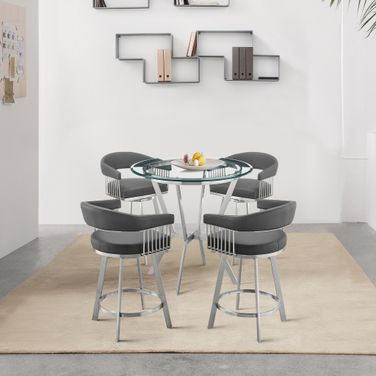 Naomi and Chelsea 5-Piece Counter Height Dining Set In Brushed Stainless Steel and Gray Faux Leather