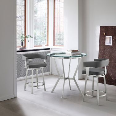 Naomi and Lorin 3-Piece Counter Height Dining Set In Brushed Stainless Steel and Gray Faux Leather