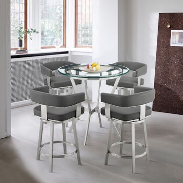 Naomi and Lorin 5-Piece Counter Height Dining Set In Brushed Stainless Steel and Gray Faux Leather