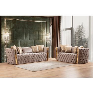 Naomi Button Tufted 2 PC Set With Velvet Fabric And Gold Accent In Off White