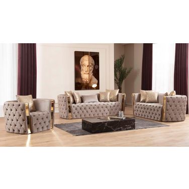 Naomi Button Tufted 3 PC Set With Velvet Fabric And Gold Accent In Off White