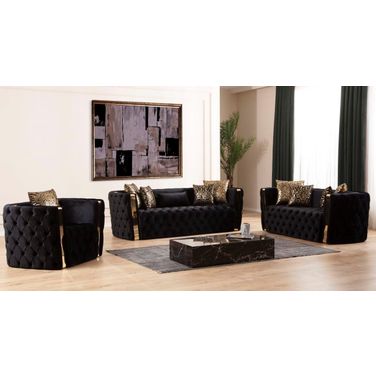 Naomi Button Tufted 3 PC Sofa Set With Velvet Fabric And Gold Accent In Black