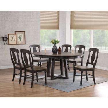 Napoleon Back 7-Piece Cross Pedestal Dining Set In Grey Stone and Black Stone