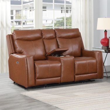 Natalia Power Loveseat Console Recliner In Caramel Leather