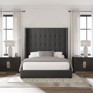 Nativa Interiors Aylet Box Tufted Upholstered High 87 Inch King Charcoal Bed