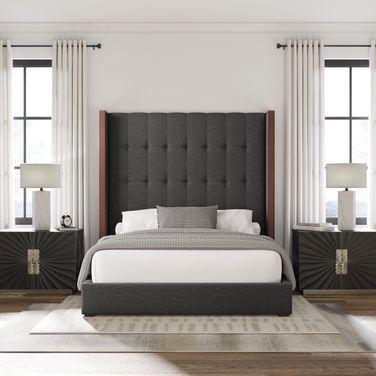 Nativa Interiors Irenne Box Tufted Upholstered High 87 Inch King Charcoal Bed