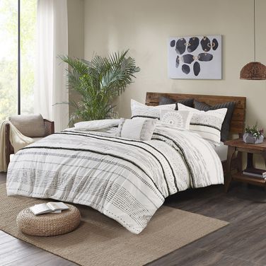 Nea Cotton Printed 3 Piece Queen Duvet Cover Set With Trims In Black/White