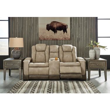 Next-Gen Durapella Power Reclining Console Loveseat With Adjustable Headrest In Two-Tone Sand