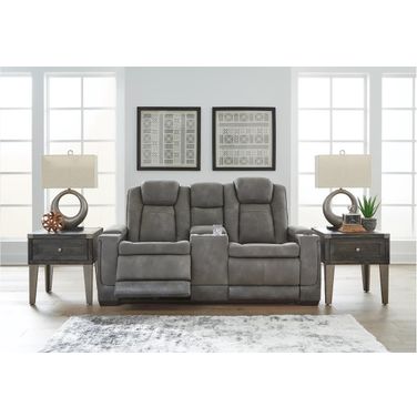 Next-Gen Durapella Power Reclining Console Loveseat With Adjustable Headrest In Two-Tone Slate