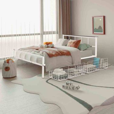 Nicoli Queen Metal Bed with Storage and Mattress In White