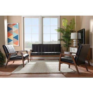Nikko Mid-Century Modern Scandinavian Style Dark Brown Faux Leather 3 Pieces Living Room Sets