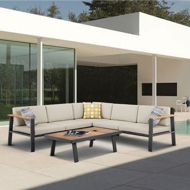 Nofi Outdoor Patio Sectional Set In Charcoal Finish with Taupe Cushions and Teak Wood